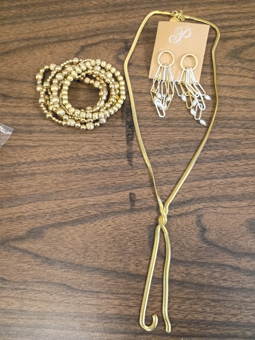 Plunder Design Necklace, 7 stack stretchy bracelets, and some fun funky earrings